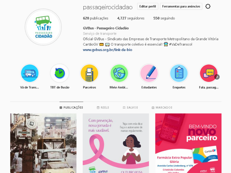 Perfil oficial do GVBus no Instagram, o Passageiro Cidadão reúne novidades, informações, serviços e notícias do Sistema Transcol